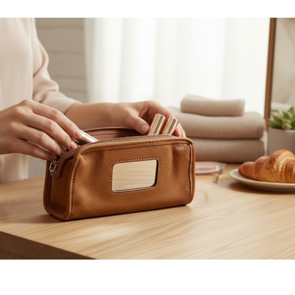 Nine West Brown Faux Leather ‎ Makeup Bag Vintage Mirror